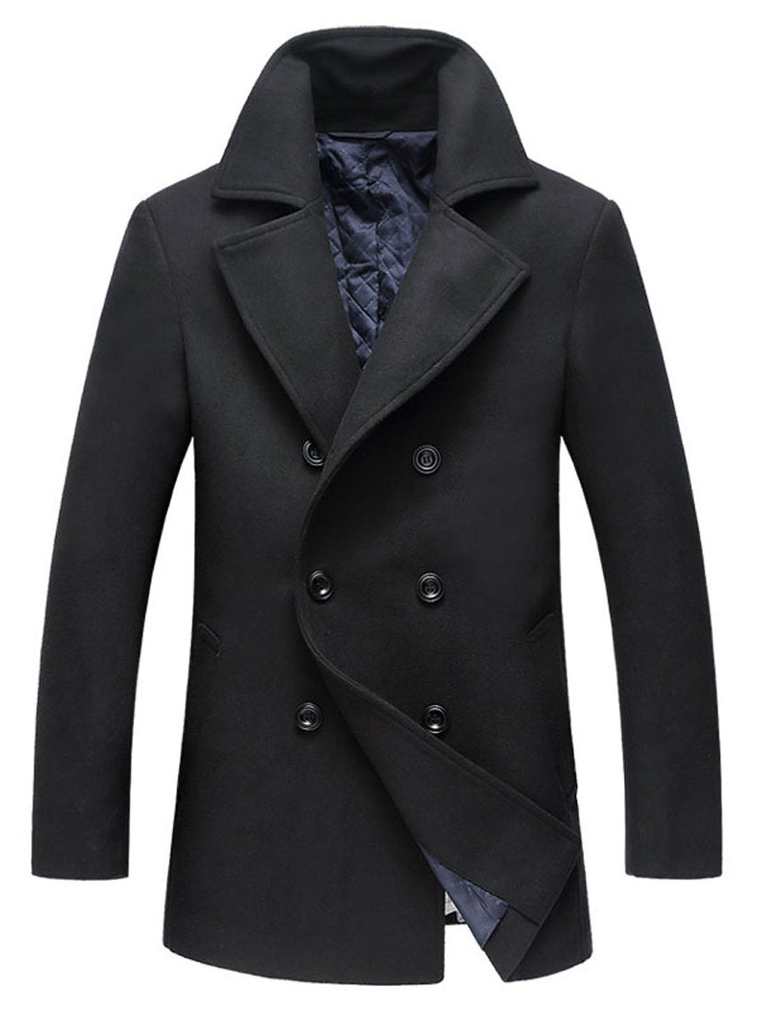 chouyatou Men's Classic Notched Collar Double Breasted Wool Blend Pea Coat (Medium, Black)