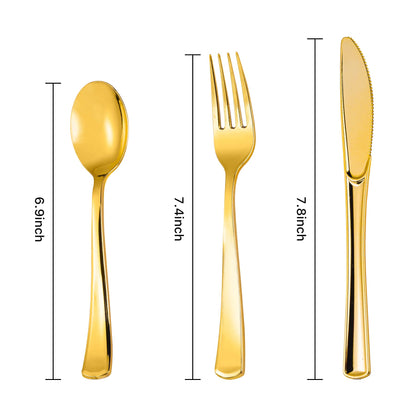 Lullaby 320pcs Gold Plastic Silverware, Gold Disposable Silverware Include 120 Forks, 100 Spoons, 100 Knives, Gold Plastic Flatware, Gold Cutlery Set Disposable for Weddings, Party and Daily Use