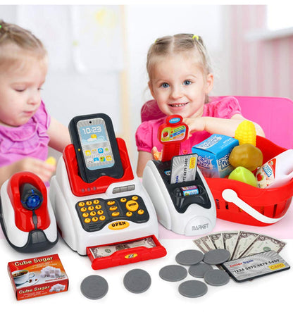 Pretend Play Smart Cash Register Toy, Kids Cashier with Checkout Scanner,Fruit Card Reader, Credit Card Machine, Play Money and Grocery Play Food Set, Educational Toys for Boys & Girls Gifts Toddlers