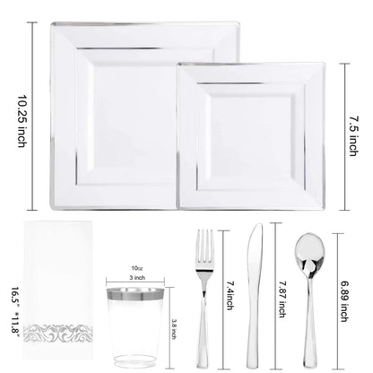 I00000 175PCS Silver Plastic Plates, Disposable Silverware, Napkins & Cups, Silver Square Dinnerware Include 25 Dinner Plates, 25 Salad Plates,25 Forks,25 Knives,25 Spoons,25 Tumblers, 25 Guest Towels
