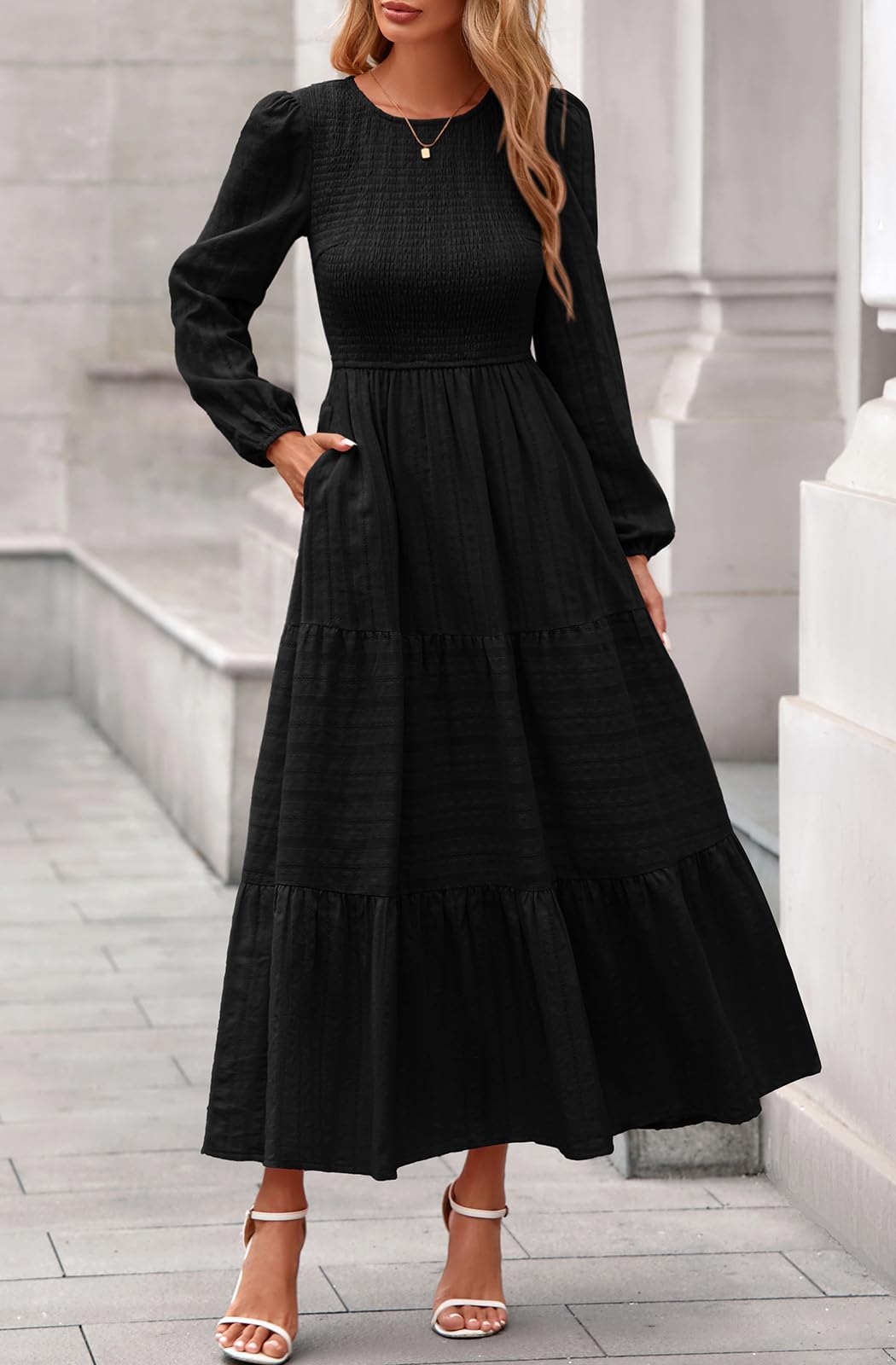 PRETTYGARDEN Womens Elegant Puff Long Sleeve A-line Maxi Dresses Casual Crew Neck Smocked Soft Maternity Dress Winter Outfits (Black, XX-Large)