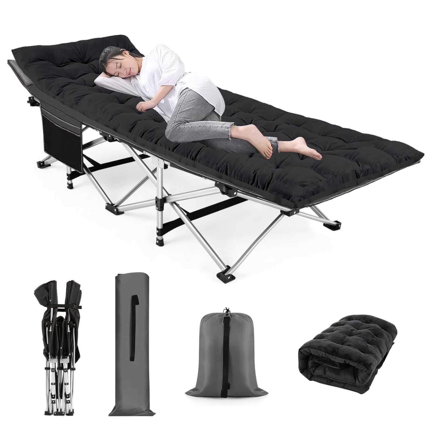 Nictemaw Folding Camping Cot for Adults, Max Load 900 LBS Heavy Duty Sleeping Cots with Carry Bag and Velvet Cot Pad for Camp, Home, Office, Outdoor, Black (Newest)