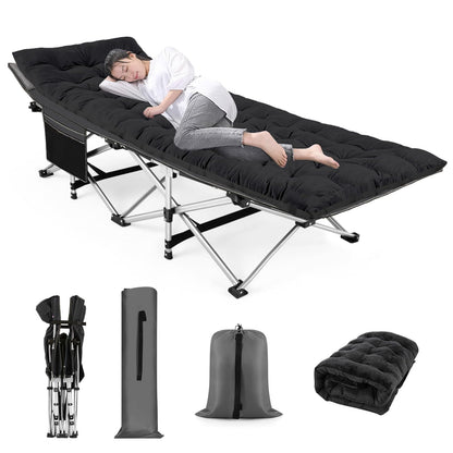 Nictemaw Folding Camping Cot for Adults, Max Load 900 LBS Heavy Duty Sleeping Cots with Carry Bag and Velvet Cot Pad for Camp, Home, Office, Outdoor, Black (Newest)