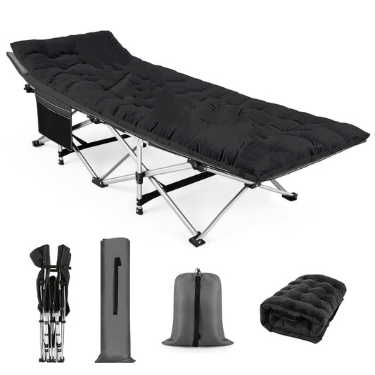 Nictemaw Folding Camping Cot for Adults, Max Load 900 LBS Heavy Duty Sleeping Cots with Carry Bag and Velvet Cot Pad for Camp, Home, Office, Outdoor, Black (Newest)