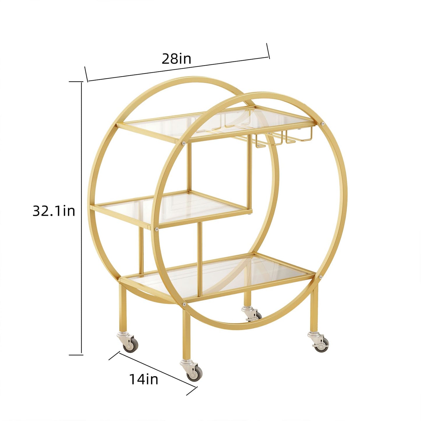 SMARTISBEAUTY Gold Bar Carts with Glass Holders and Wine Rack,3 Tier Rolling Bar Serving Carts with Glass Shelves,Metal Bar Carts for The Home Kitchen, Party Outdoor Indoor (0 Handle)