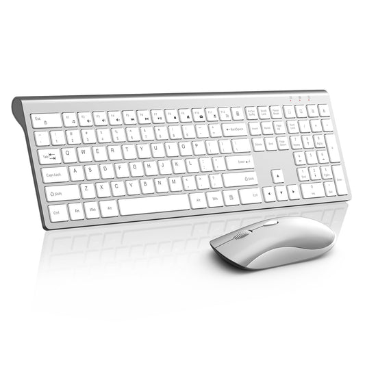 Wireless Keyboard Mouse Combo, Silent & Slim Keyboard and Mouse with USB Receiver, Quiet Click, 2400 DPI, 110 Keys Full Size & Ergonomic Computer Keyboard Set for Laptop PC Windows Mac - Silver White