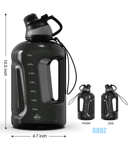 JOYAMI Water Bottle, Tritan BPA-Free, 88oz Water Jug with Time Marker, Magnetic Cap, BPA-Free & Leak-Proof, Reusable Sports Water Bottle for Outdoor Travel, Work, Fitness, Gym, 2.6L, Clear Black