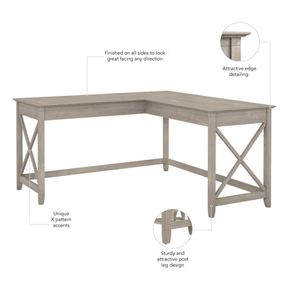 Bush Furniture Key West L Shaped Desk, 60-inch Modern Farmhouse Writing Desk for Home Office