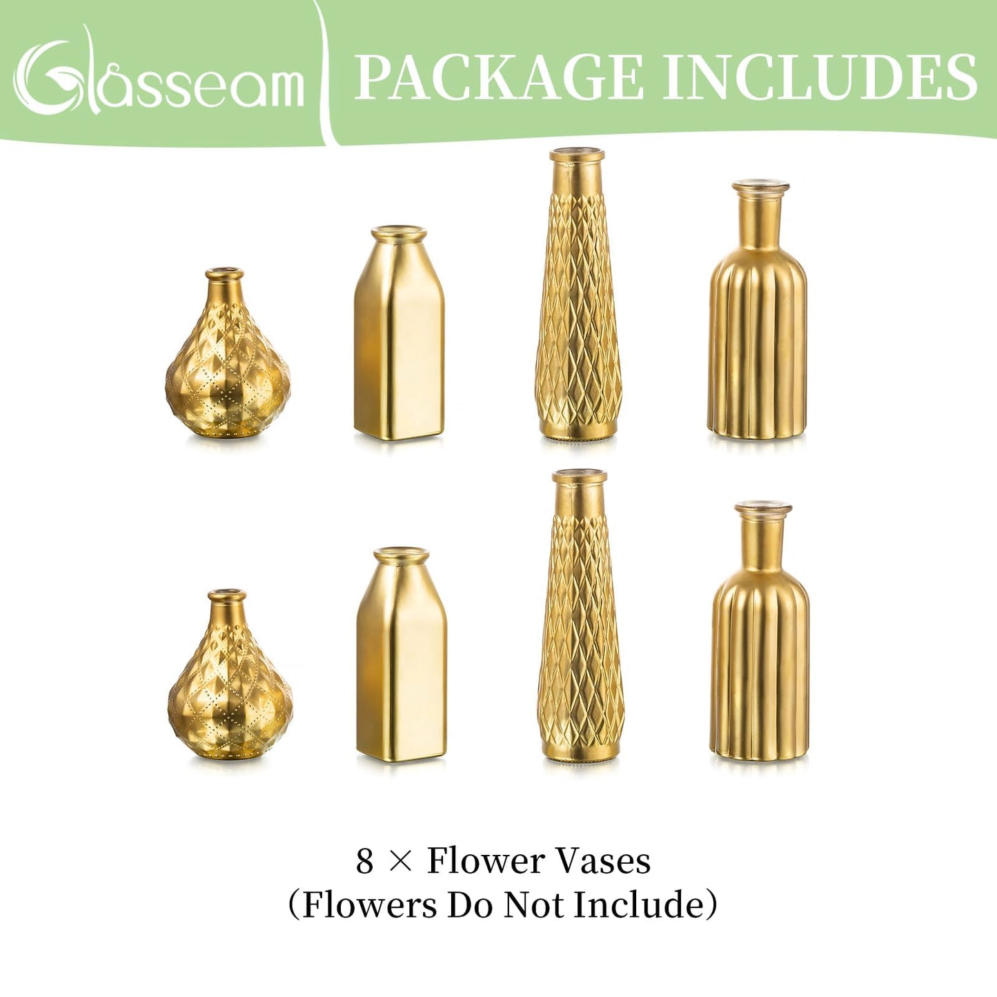 Glasseam Gold Glass Vase, 8pcs Cylindrical Home Decor, Antique Art Deco Style, Holds Water, Gold Electroplating Finish, Living Room Kitchen Bathroom Bedroom Decor, Table Centerpieces