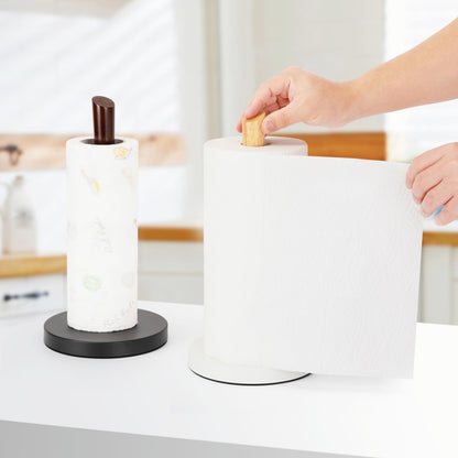 E-ROOM TREND Paper Towel Holder Wooden Natural Color Countertop with Dia 6.3" Carbon Steel Round Base, Kitchen Roll Organizer Wooden Paper Holder Stand for Dining Table Fits Standard & Jumbo Rolls
