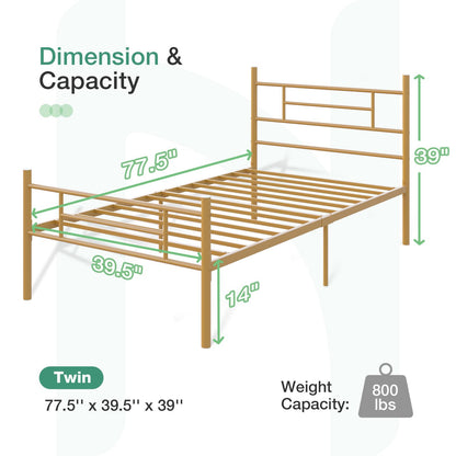 Novilla Twin Bed Frame with Headboard and Footboard, 14 Inch Metal Platform Bed Frame with Under Bed Storage, No Box Spring Needed, Strong Metal Slats Support, Gold