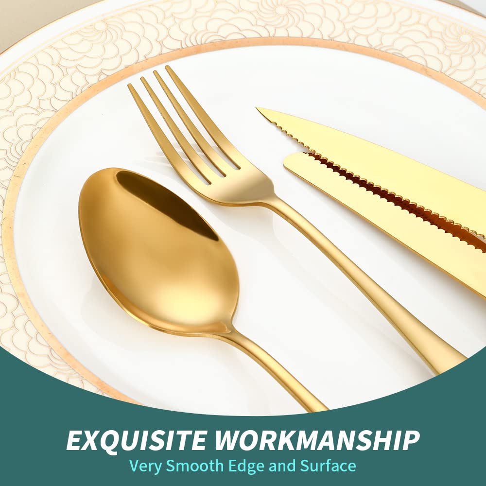A · HOUSEWARE Gold Flatware Set For 4 With Steak Knives 24 Piece Stainless Steel Silverware Forks and Spoons Kitchen Daily Use Festival Parties Casual or Formal Occasions…