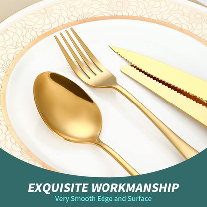 A · HOUSEWARE Gold Flatware Set For 4 With Steak Knives 24 Piece Stainless Steel Silverware Forks and Spoons Kitchen Daily Use Festival Parties Casual or Formal Occasions…