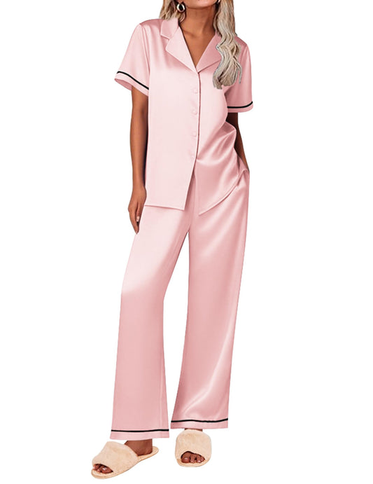 Ekouaer Women's Silk Pajamas Set Short Sleeve Satin Pjs 2 Piece Soft Loungewear with Pants Button Down Sleepwear,Light Pink,L