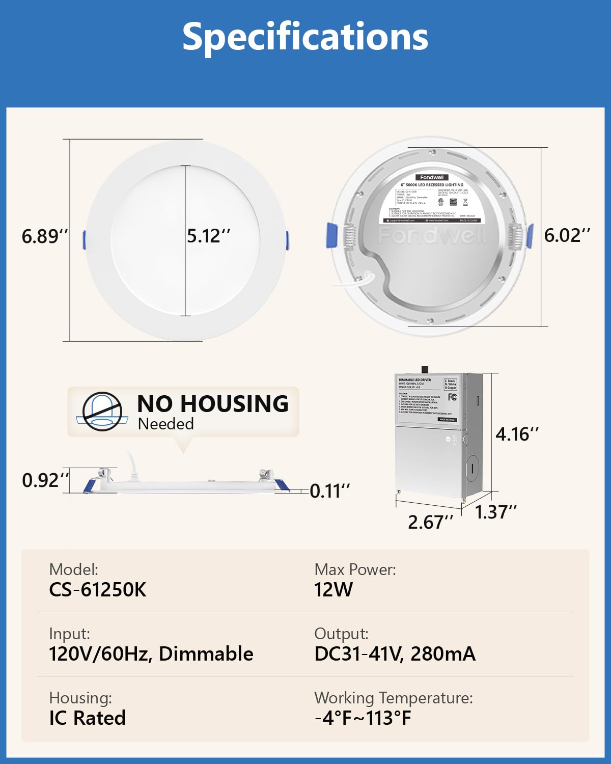 Fondwell 6" Canless Recessed LED Lighting 5000K