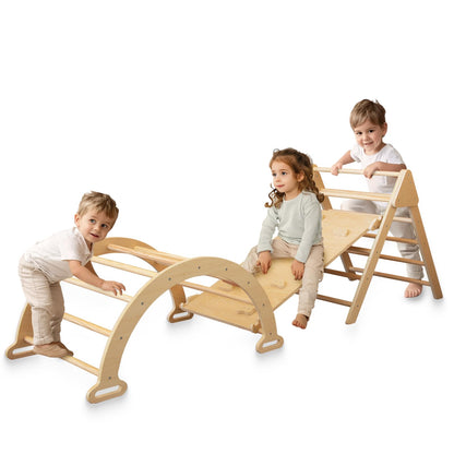 WoodenEdu Pikler Triangle Set for Baby Climbing Toy Indoor Playground for Kid, Montessori Learning Toy with Arch, Ramp, and Climbing Triangle, Indoor Outdoor Playground Climbing Toys for Toddlers