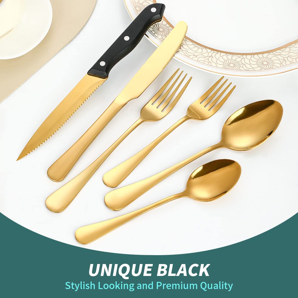 A · HOUSEWARE Gold Flatware Set For 4 With Steak Knives 24 Piece Stainless Steel Silverware Forks and Spoons Kitchen Daily Use Festival Parties Casual or Formal Occasions…