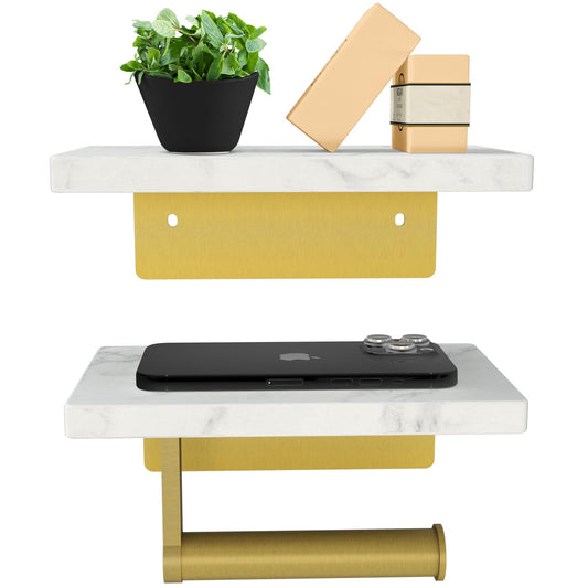 Double SHELVE Toilet Paper Holder with Natural Marble Shelf, Screw Wall Mounted, Tissue Roll Holder for Bathroom Gold