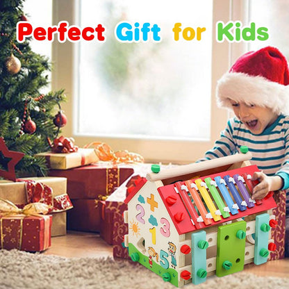 Aozzy Montessori Busy House Toy, 6 in 1 Wooden Activity Cube for Toddlers 1-3 with Xylophone Digital Screws, Sensory Toys for Toddler, Fine Motor Skills, Birthday Gift for Toddler