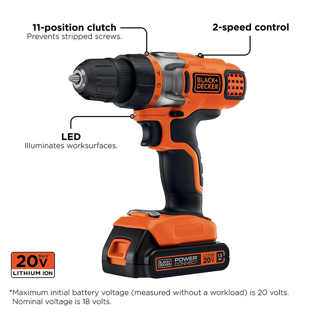 BLACK+DECKER 20V MAX Cordless Drill Driver with Battery and Charger, LED Work Light (LDX220C)