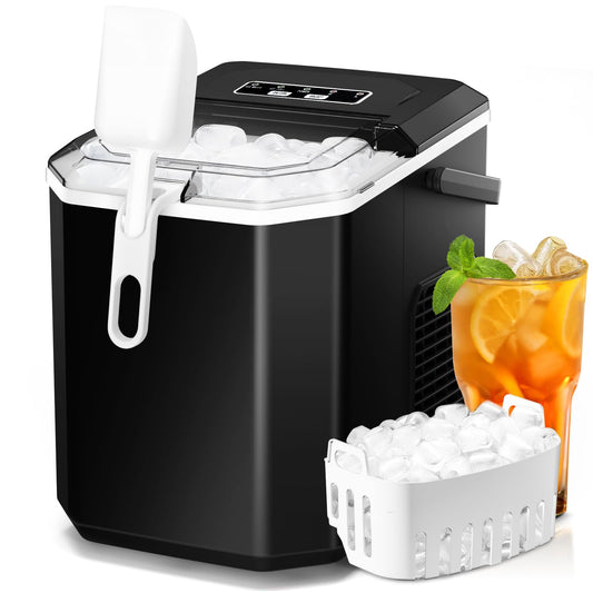 Ice Makers Countertop, 9 Cubes Ready in 6 Mins, Self-Cleaning Ice Machine with Detachable Double Handle and Anti-Hollowing Basket, 2 Size of Bullet Ice for Home Kitchen Office Bar Party, Black
