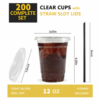 WUHUIXOZ [200 Sets - 12oz] Plastic Cups with Lids and Straws, Disposable Cups for Iced Coffee, Smoothie, Milkshake, Cold Drinks - Clear