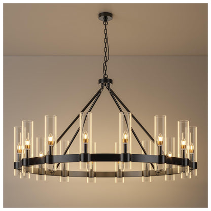 48" Black Wagon Wheel Chandelier with Glass Shade