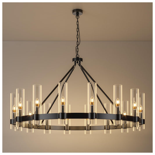 48" Black Wagon Wheel Chandelier with Glass Shade