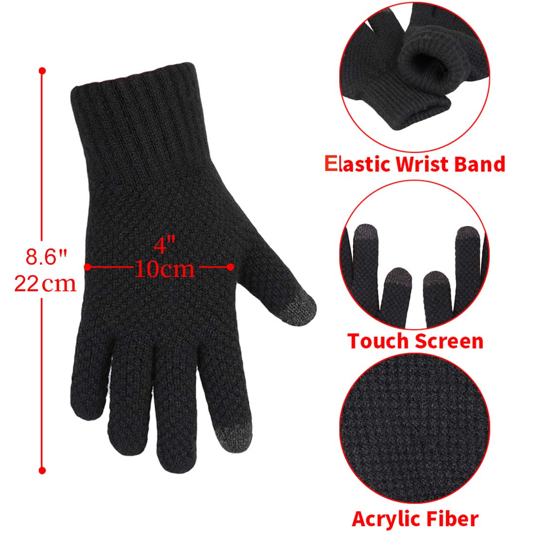 KRATARC Winter Warm Scarf Beanie Hat Knit Glove Neck Gaiter Set Adult Men Women Outdoor (Black)