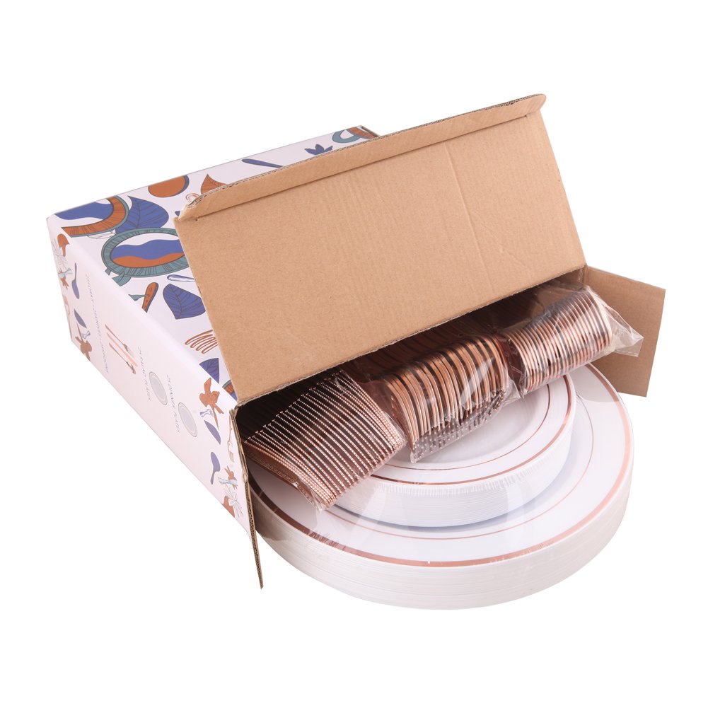 WDF-125PCS Rose Gold Plastic Silverware&Disposable Plastic Plates - Plastic Plates include 25 Dinner Plates,25 Salad Plates,25 Forks, 25 Knives, 25 Spoons for Wedding, Party, Mother's Day