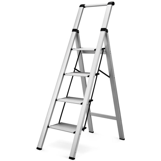 HBTower 4 Step Ladder, Aluminum Ladder with Handrails, Folding Step Stool for Adults, 330LBS Capacity Sturdy& Portable Ladder for Home Kitchen Library Office, Sliver