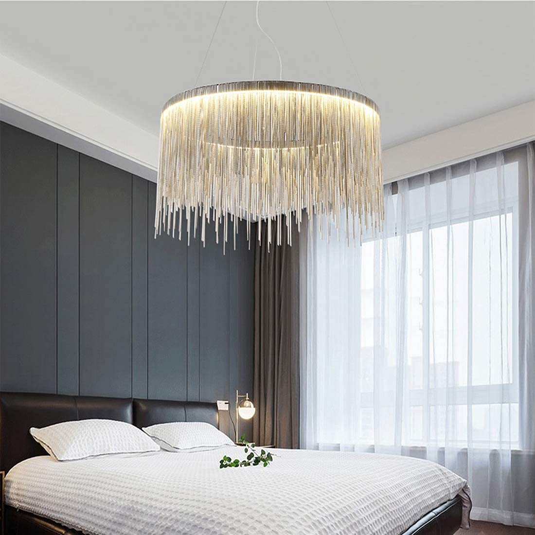 Siljoy Modern Round Aluminum Tassel Chandelier, LED Linear Chrome Chain Pendant Light Stainless Steel Ring Suspension Lighting Fixture for Dining Room Kitchen Island Dia 20" x H14