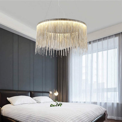 Siljoy Modern Round Aluminum Tassel Chandelier, LED Linear Chrome Chain Pendant Light Stainless Steel Ring Suspension Lighting Fixture for Dining Room Kitchen Island Dia 20" x H14