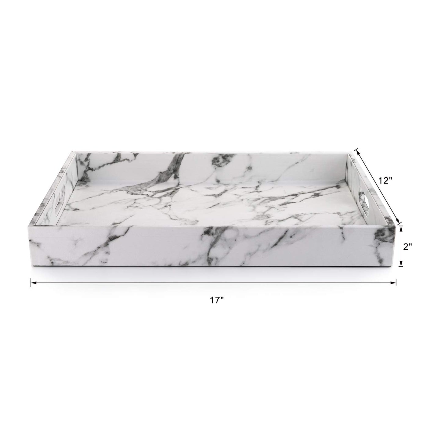 Fasmov Serving Tray, 17 x 12 inches White Marble Faux Leather Decorative Decorative Tray with Handles for Bathroom, Kitchen, Ottoman and Coffee Table