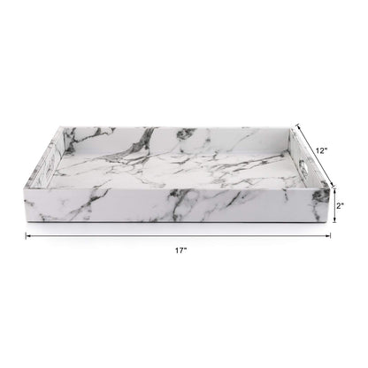 Fasmov Serving Tray, 17 x 12 inches White Marble Faux Leather Decorative Decorative Tray with Handles for Bathroom, Kitchen, Ottoman and Coffee Table