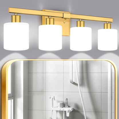 Bivemetn 4-Light Bathroom Light Fixtures Over Mirror, Modern Gold Vanity Lights with White Frosted Glass Shade, Bathroom Light Fixture for Mirror Bedroom, Living Room Hallway