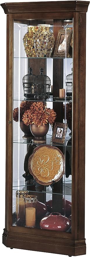 Howard Miller Buck Corner Curio Cabinet, Freestanding Storage Cabinets - Durable Glass Shelves with Floor Mount - Cherry Bordeaux Finish for Decorative Items, Collectibles, Living Room & Office