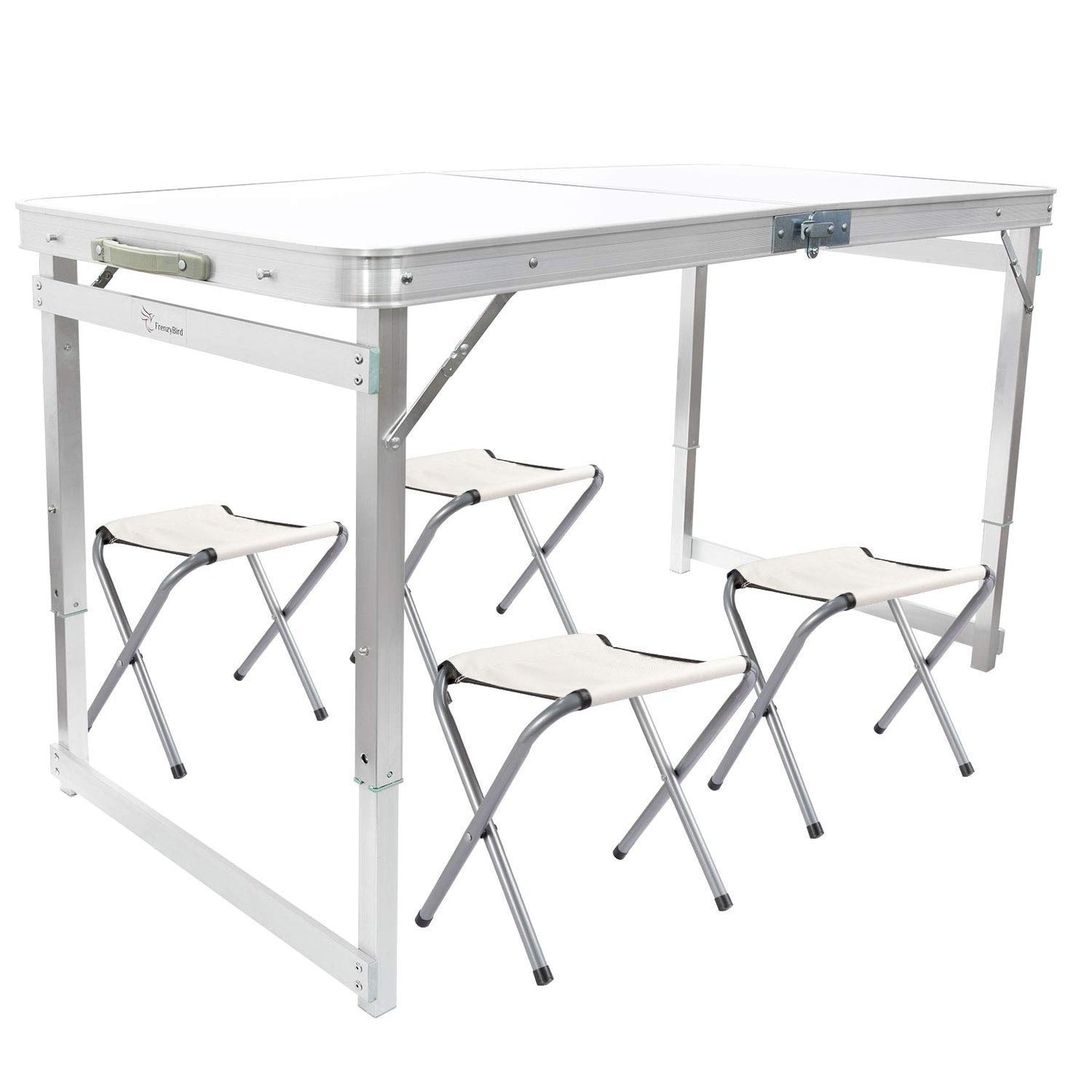 FrenzyBird Folding Picnic Table with 4 Stools, Aluminum Table Oxford Mat Chair Set, Portable Lightweight and Heights Adjustable for Outdoor Camping Dining BBQ Party 47.2×23.6 Inch
