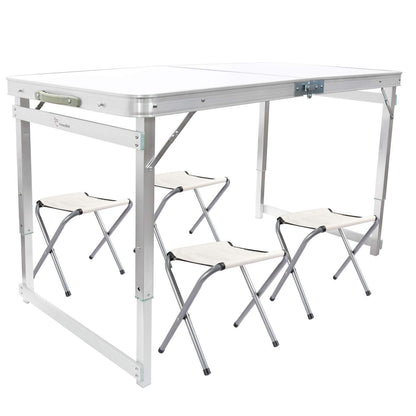 FrenzyBird Folding Picnic Table with 4 Stools, Aluminum Table Oxford Mat Chair Set, Portable Lightweight and Heights Adjustable for Outdoor Camping Dining BBQ Party 47.2×23.6 Inch