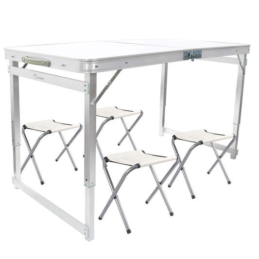 FrenzyBird Folding Picnic Table with 4 Stools, Aluminum Table Oxford Mat Chair Set, Portable Lightweight and Heights Adjustable for Outdoor Camping Dining BBQ Party 47.2×23.6 Inch