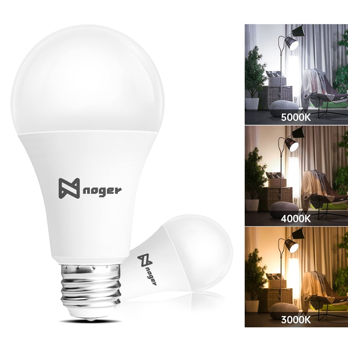 Noger 3-Way Led Light Bulbs A21 （4 Pack）, 50 100 150W Equivalent, 5000K Daylight, 3 Way E26 Light Bulbs for Reading, 500-1600-2200LM