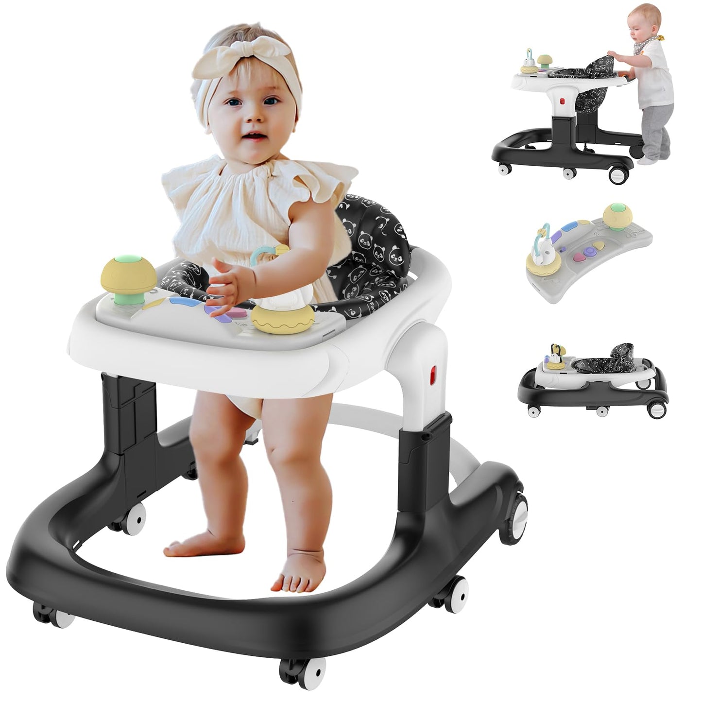 Baby Walker, 4-and-1 Foldable Baby Walker with Wheels, Music, 4-Height Baby Toddler Walker with Foot Pad, Activity Center, Baby Walkers for Baby Girl Boy 6-12 Months