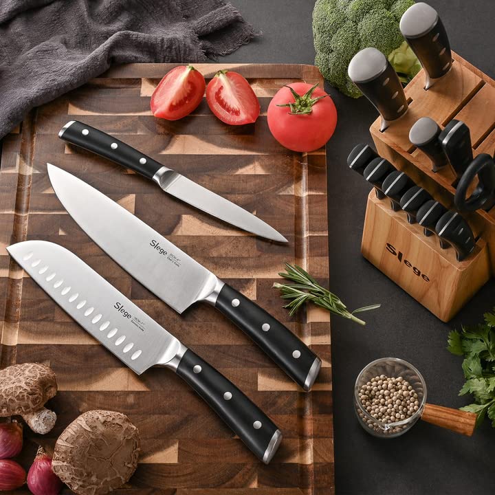 Slege 16pcs Kitchen Knife Set, High Carbon Stainless Steel, Forged Triple Rivet, with Sharpener and Kitchen Shear, Classic Straight Handle