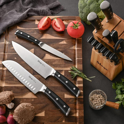 Slege 16pcs Kitchen Knife Set, High Carbon Stainless Steel, Forged Triple Rivet, with Sharpener and Kitchen Shear, Classic Straight Handle