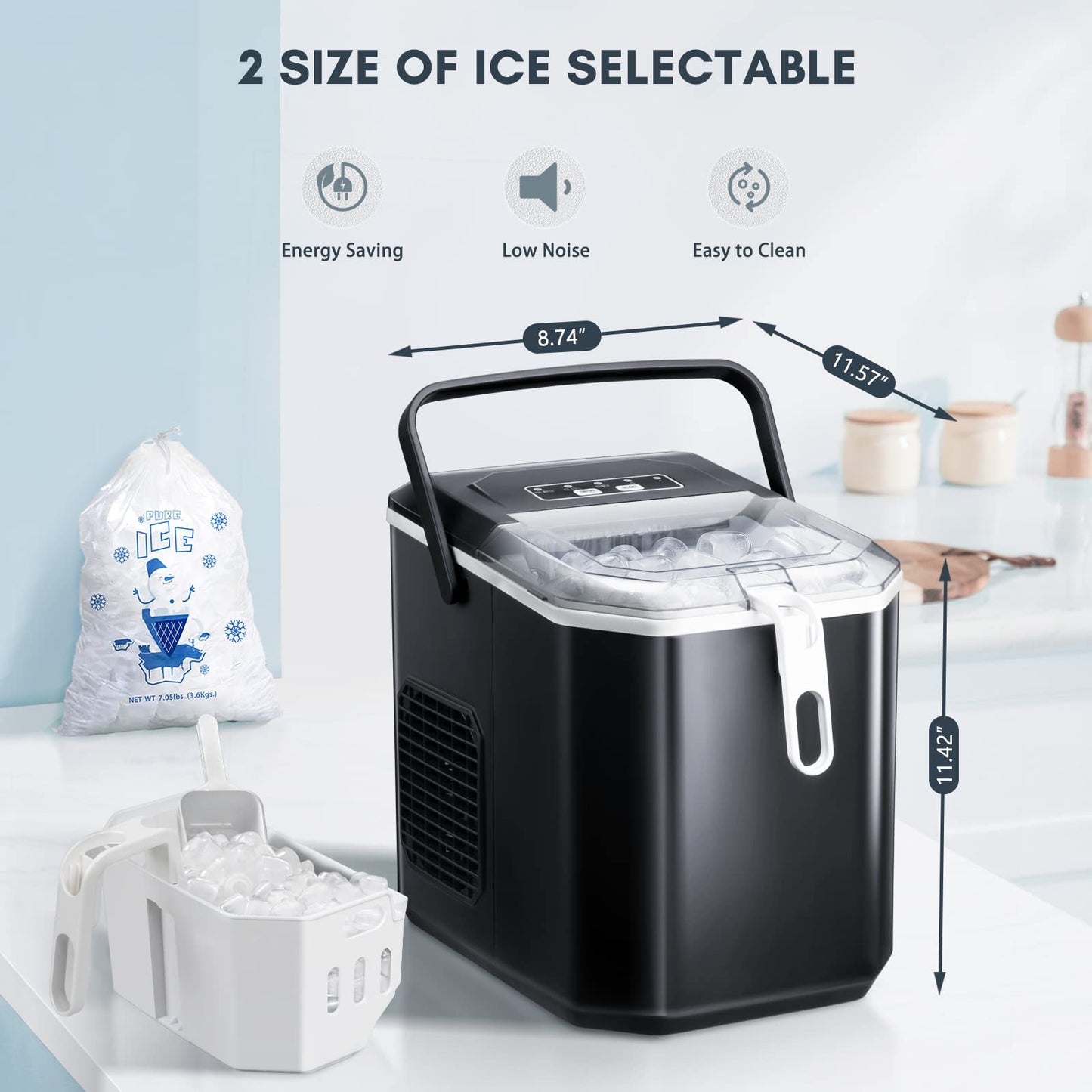 ZAFRO Ice Makers Countertop, 9 Cubes Ready in 6 Mins, Self-Cleaning Ice Machine with Detachable Double Handle and Anti-Hollowing Basket, 2 Size of Bullet Ice for Home Kitchen Office Bar Party,Black