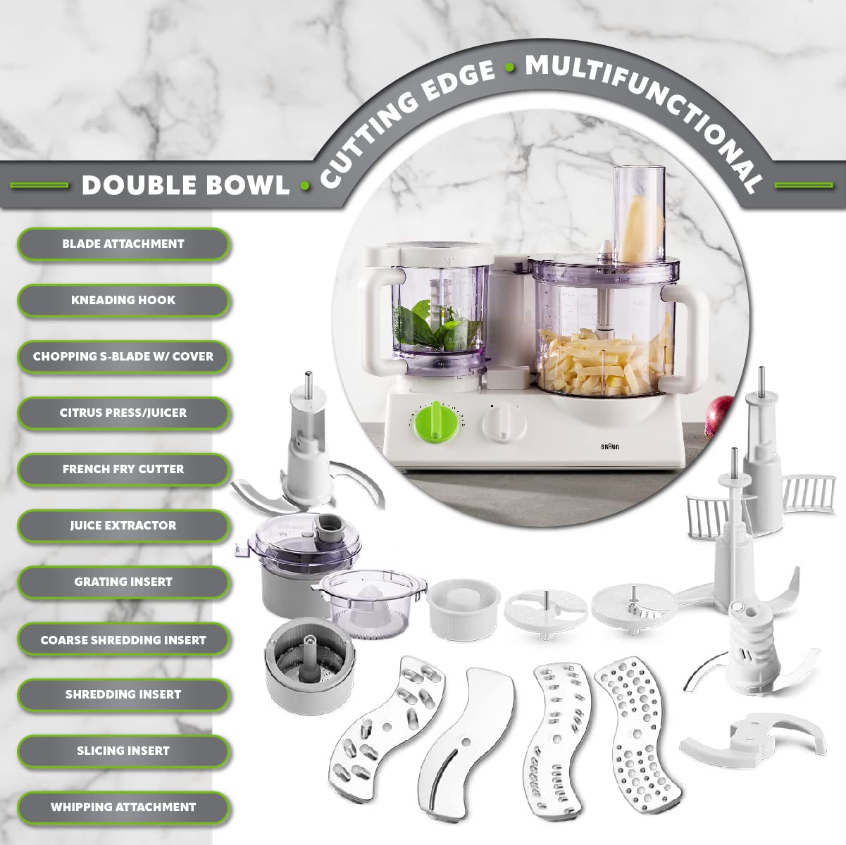 Braun 12 in 1 Multi-Functional Food processor | Kitchen System With Dual Control Technology, chopper, Blender, Juice Extractor, Citrus Juicer and French fry disc-made in Europe with German Engineering