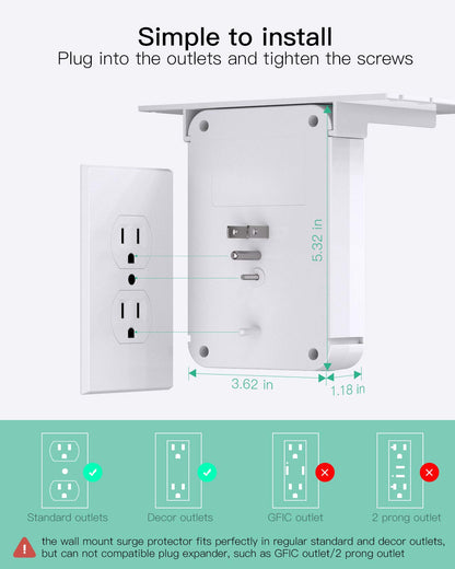 Wall Outlet Extender with USB-C and Surge Protection