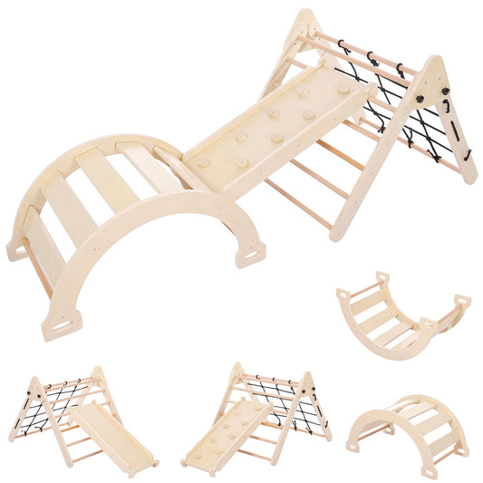 GarveeLife 3 in 1 Kids Climbing Toys, Toddler Indoor Gym Playset, Foldable Triangle Playground Toys Set with Sliding Ramp & Climbing Arch Ramp, Wooden Baby Climbing Gym - Natural