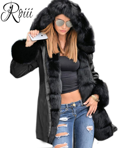 Roiii Women Thicken Warm Winter Coat Hood Parka Overcoat Long Jacket Outwear,Black,Large