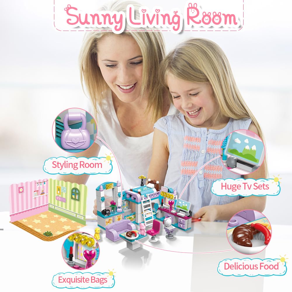 QMAN 6-12 Girl's Dream Home Building Blocks Kit Educational Toy, Build Girl's Bedroom Living Room Kitchen, 3 Building Methods (194 Pieces)